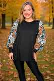 Black Top with Leopard bubble sleeves