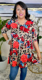 S, M, L : Taupe Leopard & Coral Floral Flutter Tunic
