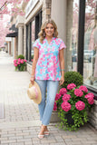Floral Baby Blue & Pink top short flutter sleeves