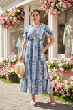 S-M-L : Blue & White print dress chiffon with lining