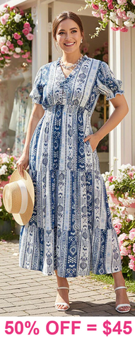 S-M-L : Blue & White print dress chiffon with lining