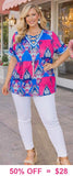 Blue & Pink Printed Top With Criss Cross Neck