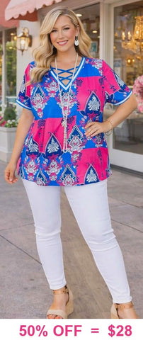 Blue & Pink Printed Top With Criss Cross Neck