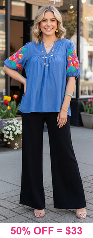 M, XL : Blue blouse with embroidery puff sleeves