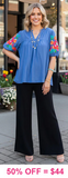S, M, XL : Blue blouse with embroidery puff sleeves
