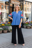S, M, XL : Blue blouse with embroidery puff sleeves