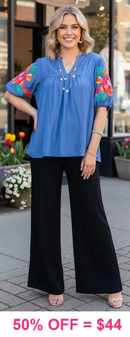 S, M, XL : Blue blouse with embroidery puff sleeves
