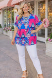 Blue & Pink Printed Top With Criss Cross Neck