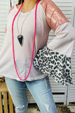 Blush Waffle Knit top Sequin Shoulders and Leopard Bell Sleeves
