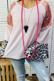Blush Waffle Knit top Sequin Shoulders and Leopard Bell Sleeves
