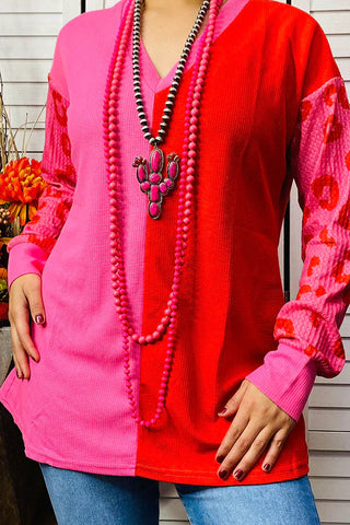 3X: Half Red/Half Pink waffle knit leopard long sleeve top