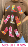 2X/3X : Brown Top with Colorful Cowgirl boots Bling trim