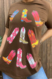 Brown Top with Colorful Cowgirl boots Bling trim