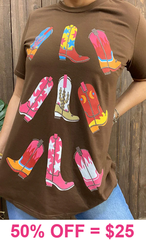 2X/3X : Brown Top with Colorful Cowgirl boots Bling trim
