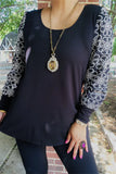 3X : Black top with white flower stitched sleeves