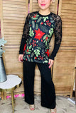 Christmas poinsettia top with Black lace sleeves
