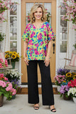 Lime & Purple Floral Top With Ruffle Sleeves