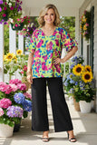 Lime & Purple Floral Top With Ruffle Sleeves