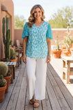 Turquoise & White sheer top with lace sleeves