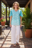 Turquoise & White sheer top with lace sleeves