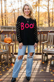 Pink fuzzy BOO top with gold polka dot sleeves