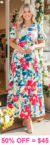 S, M, 3X Floral Maxi Dress with puff sleeves