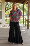 Black, Pink, Lime, Floral Bubble Sleeve Top