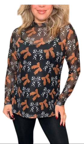M, XL,2X,3X Bow Print sheer long sleeve