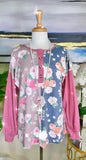Small,  Half Floral, button front, pink long sleeve top