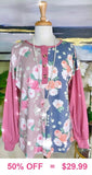 Small,  Half Floral, button front, pink long sleeve top