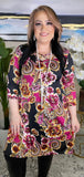 S,M,L: Magenta Floral & Black Flutter Dress with Criss Cross Neck