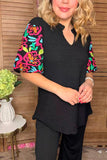 3X Colorful embroidery sleeve Black blouse