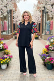 3X Colorful embroidery sleeve Black blouse