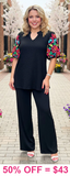 3X Colorful embroidery sleeve Black blouse