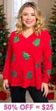 2x : Sequin Trees Red sweater textured top