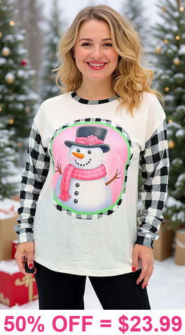 XL, 2X : SNOWMAN Plaid long sleeve top