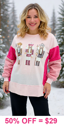 S, XL,2X,3X : Pink NUTCRACKER Sweater with fuzzy sleeves