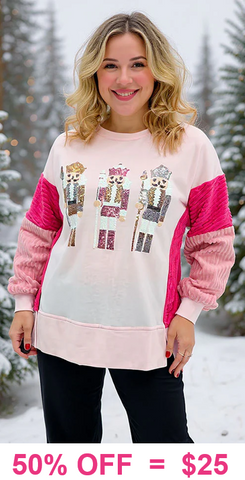 S, XL,2X : Pink NUTCRACKER Sweater with fuzzy sleeves