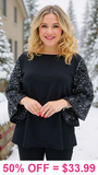 S, 2X, 3X Black top with Sequin bell sleeves