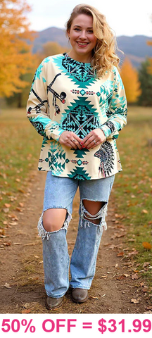 Turquoise & Cream tribal print long sleeve top