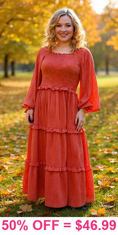 Rust Orange smocked tiered Dress