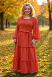 Rust Orange smocked tiered Dress