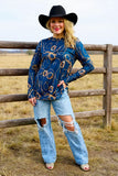 Navy long sleeve with Western rope designs
