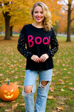 Pink fuzzy BOO top with gold polka dot sleeves