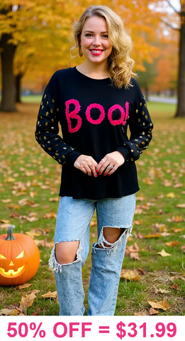 Pink fuzzy BOO top with gold polka dot sleeves