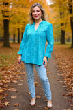 Turquoise V-Neck Long Sleeve Blouse