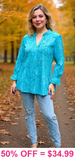 Turquoise V-Neck Long Sleeve Blouse