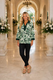 Green Floral blouse with v-neck and collar
