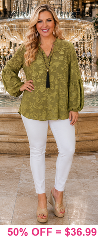 Olive green Bubble sleeve Lace blouse