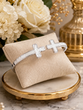 Pearl cross open hinge Silver cuff bangle